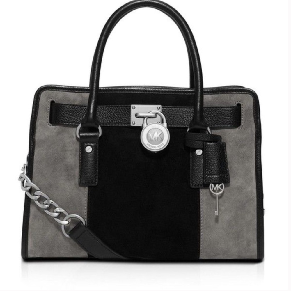 Michael Kors Hamilton Center Stripe East West Satchel - Grey and Black Suede